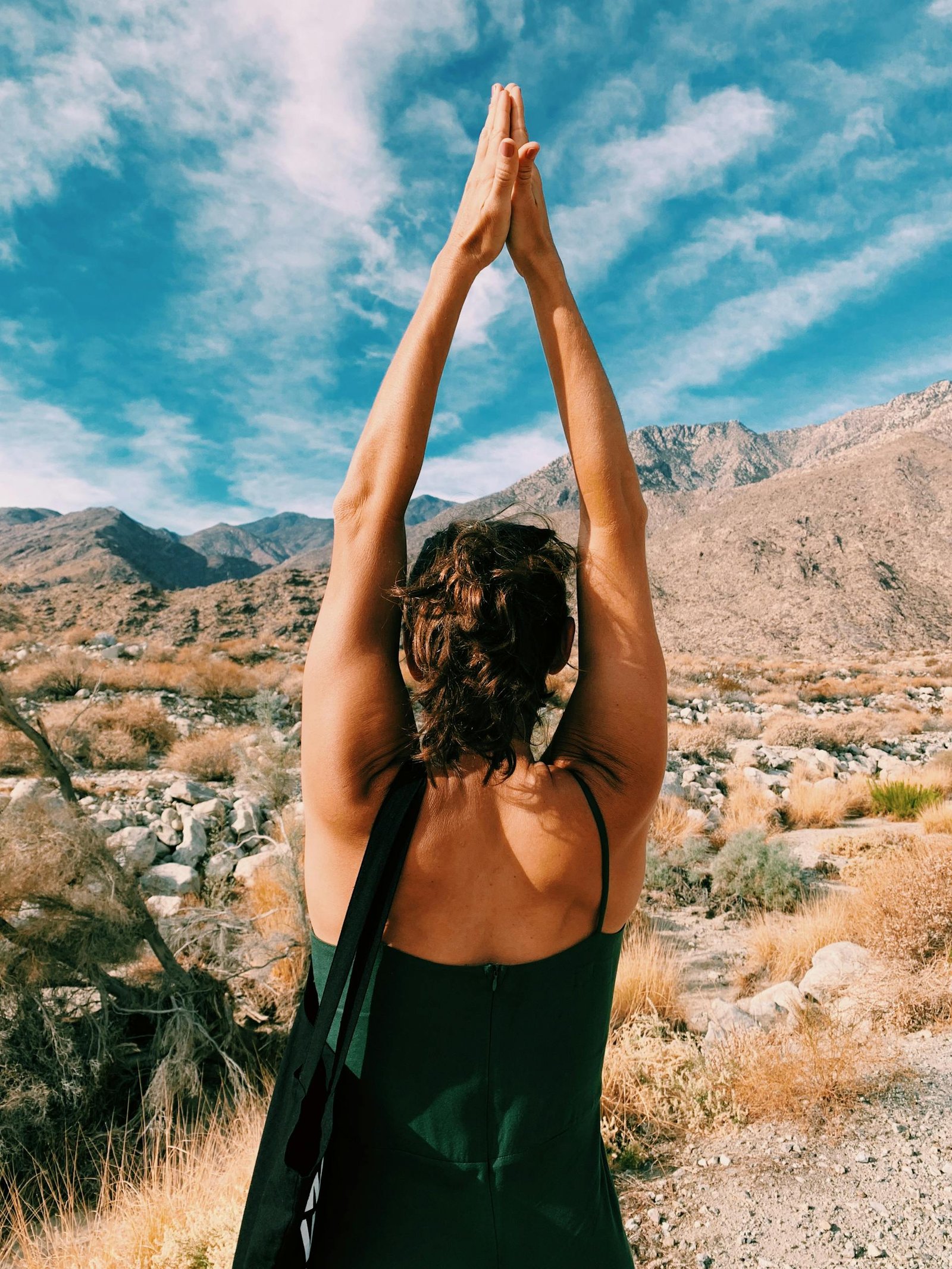 Back view of woman meditating outdoors in Palm Springs desert under a clear sky.