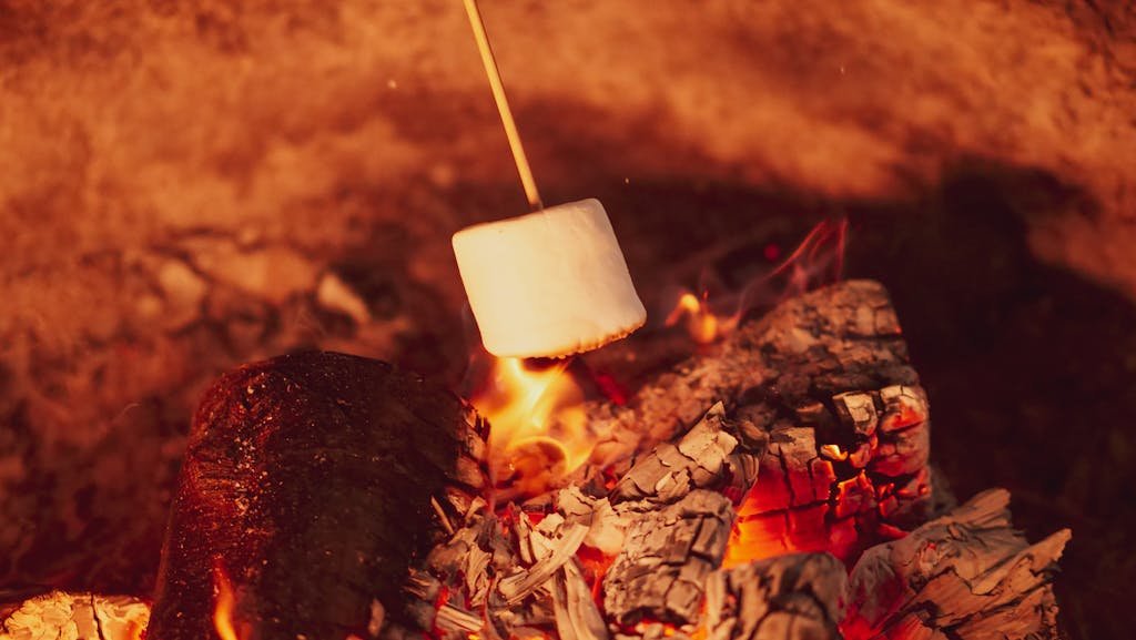A marshmallow is roasted over a vibrant campfire, showcasing the joy of outdoor cooking.